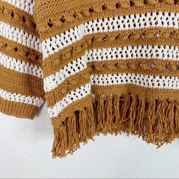 Lou & Grey for LOFT Mustard Yellow & White Open Knit Fringe Sweater - Picture 5 of 8